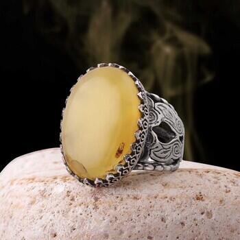 Damla Kehribar Doğal Taşlı 925 Ayar Gümüş Tırnaklı Kasa Yüzük - Osmanlı Pazar