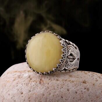 Damla Kehribar Taşı Yuvarlak Model 925 Ayar Gümüş Tırnaklı Kasa Yüzük - Osmanlı Pazar