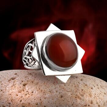 Doğal Akik Taşı 925 Ayar Gümüş El İşçiliği Selçuklu Yıldızı Tasarım Yüzük - Osmanlı Pazar