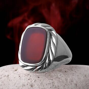 Doğal Akik Taşı Burgu Motifli Şık Gümüş Yüzük - Osmanlı Pazar