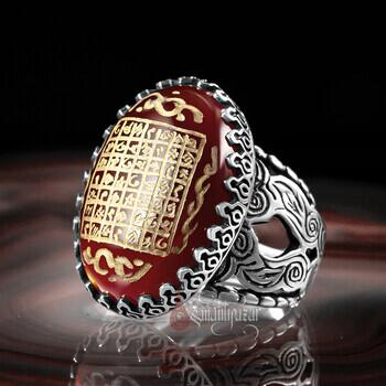 Doğal Akik Taşı Celcelutiye Duası Yazılı 925 Ayar Gümüş Yüzük - Osmanlı Pazar