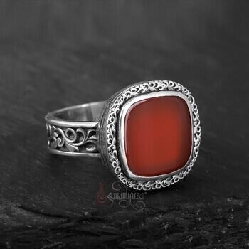 Doğal Akik Taşı Kalem İşçilikli Özel Tasarım Minimal Gümüş Yüzük - Osmanlı Pazar