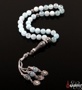 Doğal Akuamarin Taş Tesbih Gümüş İmame Ve Püsküllü - Osmanlı Pazar