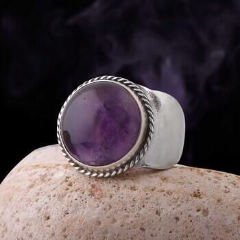  Doğal Ametist Taşı 925 Ayar Gümüş Burgu İşçilikli Yuvarlak Model Yüzük - Osmanlı Pazar