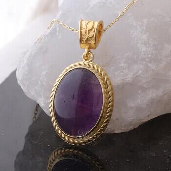 Doğal Ametist Taşı Altın Kaplama 925 Ayar Gümüş Çift Burgu Tasarım Minimal Kolye - Osmanlı Pazar