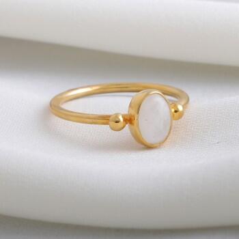 Doğal Ay Taşı Altın Kaplama 925 Ayar Gümüş Minimal Yüzük - Osmanlı Pazar