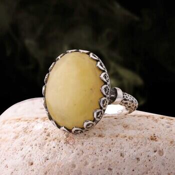 Doğal Damla Kehribar Taşı 925 Ayar Gümüş Zarif Kasa Bay- Bayan Yüzük - Osmanlı Pazar