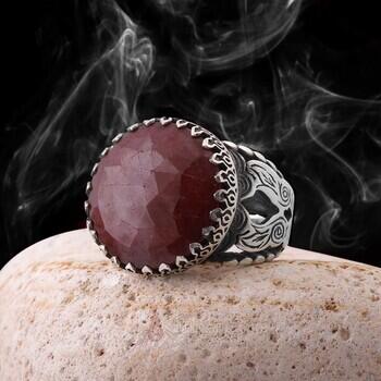 Doğal Faset Kesim Yakut Taşlı 925 Ayar Gümüş Motifli Yüzük - Osmanlı Pazar