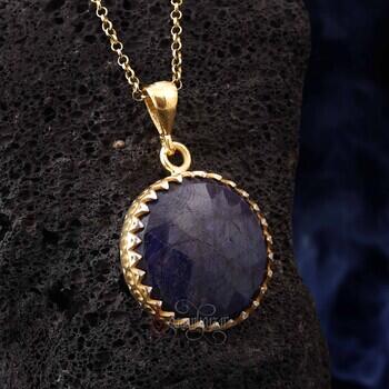 Doğal Fasetli Safir Taşı Altın Kaplama Gümüş Kolye - Osmanlı Pazar