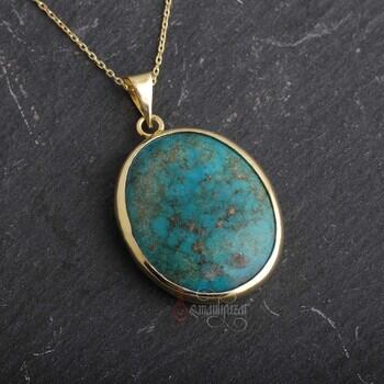 Doğal Firuze Taşı 14 Ayar Altın Oval Model Kolye - Osmanlı Pazar