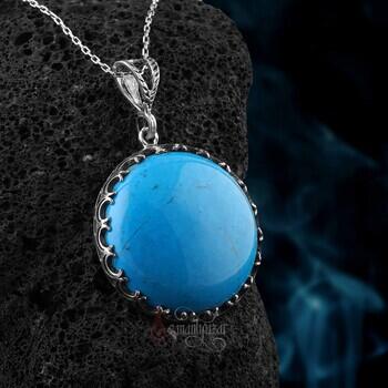 Doğal Firuze Taşı Hilal Motifi 925 Ayar Gümüş İşçilikli Kolye - Osmanlı Pazar