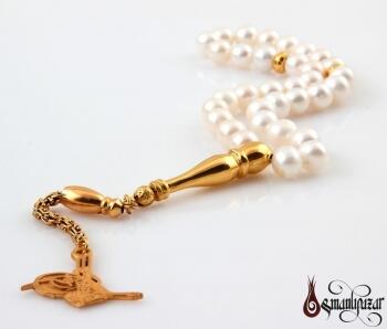 Doğal İnci Tesbih ALTIN KAPLAMA TUĞRA İMAME VE PÜSKÜLLÜ - Osmanlı Pazar