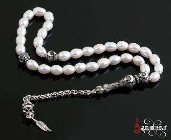 Doğal İnci Tesbih Arpa Kesim 925 AYAR Gümüş - Osmanlı Pazar