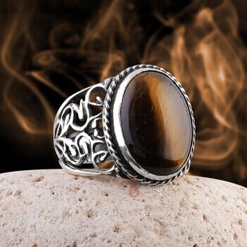 Doğal Kaplangözü Taşı 925 Ayar Gümüş El İşlemeli Yüzük - Osmanlı Pazar