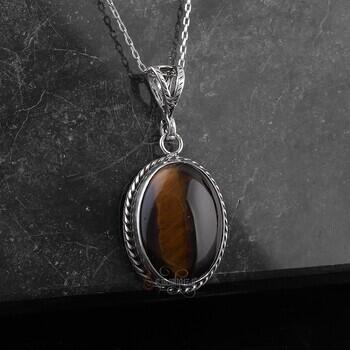 Doğal Kaplangözü Taşı 925 Ayar Gümüş Minimal Kolye - Osmanlı Pazar