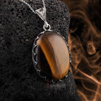 Doğal Kaplangözü Taşı 925 Ayar Gümüş Oval Kesim El İşi Kolye - Osmanlı Pazar