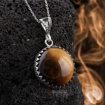 Doğal Kaplangözü Taşı Yuvarlak Kesim 925 Ayar Gümüş Zikzak İşlemeli Kolye - Osmanlı Pazar