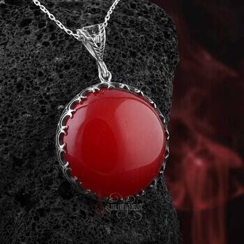 Doğal Kırmızı Akik Taşlı 925 Ayar Gümüş Tırnaklı Yuvarlak Model Kolye - Osmanlı Pazar