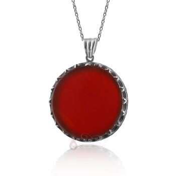 Doğal Kırmızı Akik taşlı El İşçiliği 925 Ayar Gümüş Kolye - Osmanlı Pazar