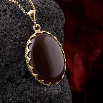 Doğal Kızıl Akik Taşı 14 Ayar Altın Kaplama Gümüş El İşçiliği Kolye - Osmanlı Pazar