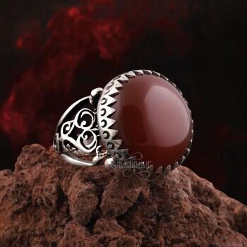  Doğal Kızıl Akik Taşlı 925 Ayar Gümüş El İşçiliği Yüzük - Osmanlı Pazar