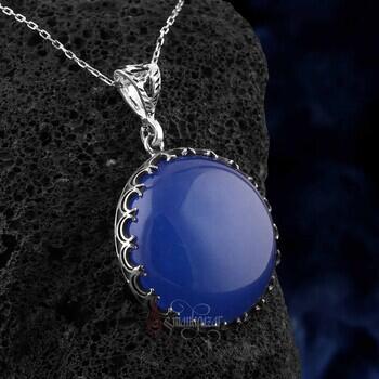 Doğal Mavi Akik Taşlı 925 Ayar Gümüş Hilal Motifli Kolye - Osmanlı Pazar