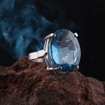 Doğal Mavi Topaz Taşı 14 Ayar Beyaz Altın Yüzük - Osmanlı Pazar