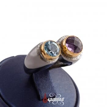 Doğal Mavi Topaz ve Ametist Taşlı 925 Ayar Gümüş Yüzük - Osmanlı Pazar