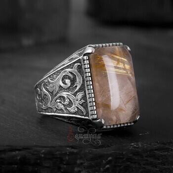 Doğal Rutil Kuvars Taşı Tamamı El Yapımı Kalem İşçiliği Gümüş Yüzük - Osmanlı Pazar