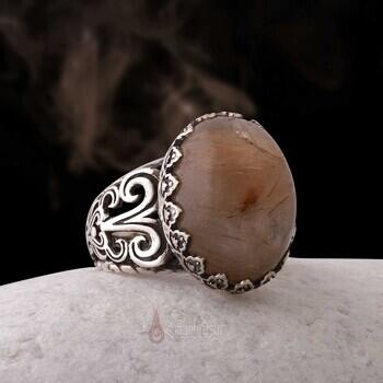 Doğal Rutil Kuvars Taşlı 925 Ayar Gümüş El Oyması Motifli Yüzük - Osmanlı Pazar