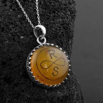 Doğal Sarı Akik Taşı Kişiye Özel 925 Ayar Gümüş Kolye - Osmanlı Pazar