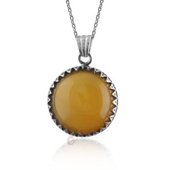 Doğal Sarı Akik Taşlı Zikzak Motifli 925 Ayar Gümüş Kolye - Osmanlı Pazar