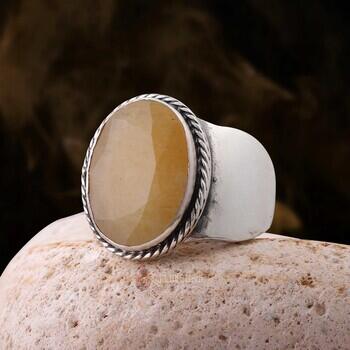 Doğal Sarı Safir Taşı 925 Ayar Gümüş Sade Kasa Yüzük - Osmanlı Pazar