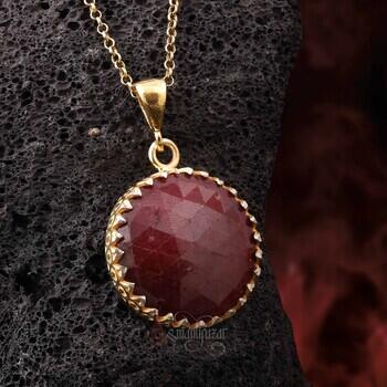 Doğal Yakut Taşı 14 Ayar Altın Kaplama Gümüş Kolye - Osmanlı Pazar