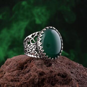 Doğal Yeşil Akik Taşlı 925 Ayar Gümüş El İşİ Yüzük - Osmanlı Pazar