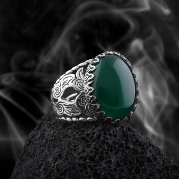 Doğal Yeşil Akik Taşlı El İşçiliği 925 Ayar Gümüş Erkek Yüzük - Osmanlı Pazar