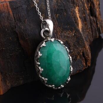 Doğal Zümrüt Taşlı 925 Ayar Gümüş Bay - Bayan Kolye - Osmanlı Pazar