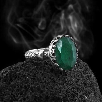 Doğal Zümrüt Taşlı El İşçiliği 925 Ayar Gümüş Yüzük - Osmanlı Pazar