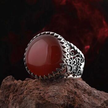 Ehli Sünnet Kasa Motifli El İşçiliği 925 Ayar Gümüş Akik Yüzük - Osmanlı Pazar