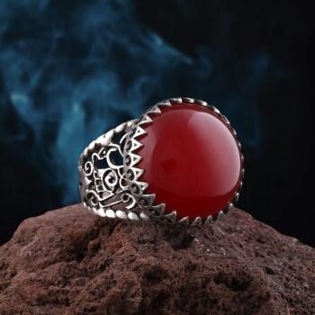 El İşçiliği 925 Ayar Gümüş Kırmızı Akik Yüzük - Osmanlı Pazar