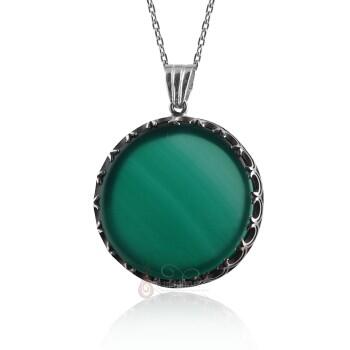 El İşçiliği 925 Ayar Gümüş Yeşil Akik Kolye - Osmanlı Pazar