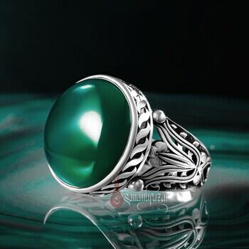 El İşçiliği 925 Ayar Gümüş Yeşil Akik Yüzük - Osmanlı Pazar