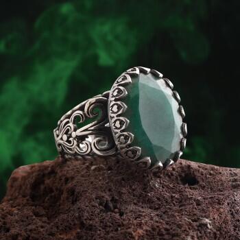 El İşçiliği Zümrüt Taşlı Bay Bayan Gümüş Yüzük - Osmanlı Pazar