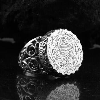 El İşlemeli Süleyman Mühür Kazımalı 14 Ayar Beyaz Altın Yüzük - Osmanlı Pazar