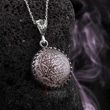 El Kazıması Mührü Süleyman Pembe Kuvars Taşı 925 Ayar Gümüş Kolye - Osmanlı Pazar