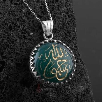 El Yazısı Hasbiyallah Yazılı Yeşil Akik Taşı 925 Ayar Gümüş Kolye - Osmanlı Pazar