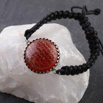 El Yazması Ayetel Kürsi Yazılı Akik Taşı Gümüş Tasarım Makrome Bileklik - Osmanlı Pazar