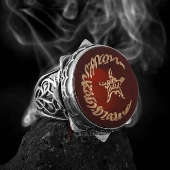 Elde Oyma Sanatı Ay Yıldız Akik Taşı 925 Ayar Gümüş Yüzük - Osmanlı Pazar