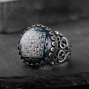 Elde Oyma Sanatı Celcelutiye Yazılı Yeşil Akik Gümüş Yüzük - Osmanlı Pazar