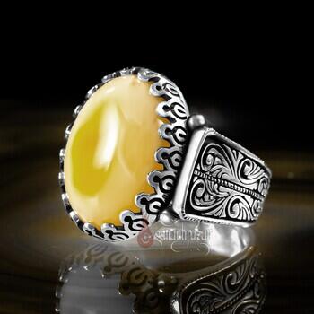 Erzurum Kalem İşi Damla Kehribar Taşı Gümüş Yüzük - Osmanlı Pazar